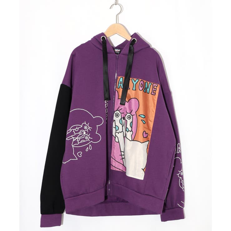 パープル | ネコとクマとチンアナゴ柄 リメイク風裏起毛パーカー | ScoLar