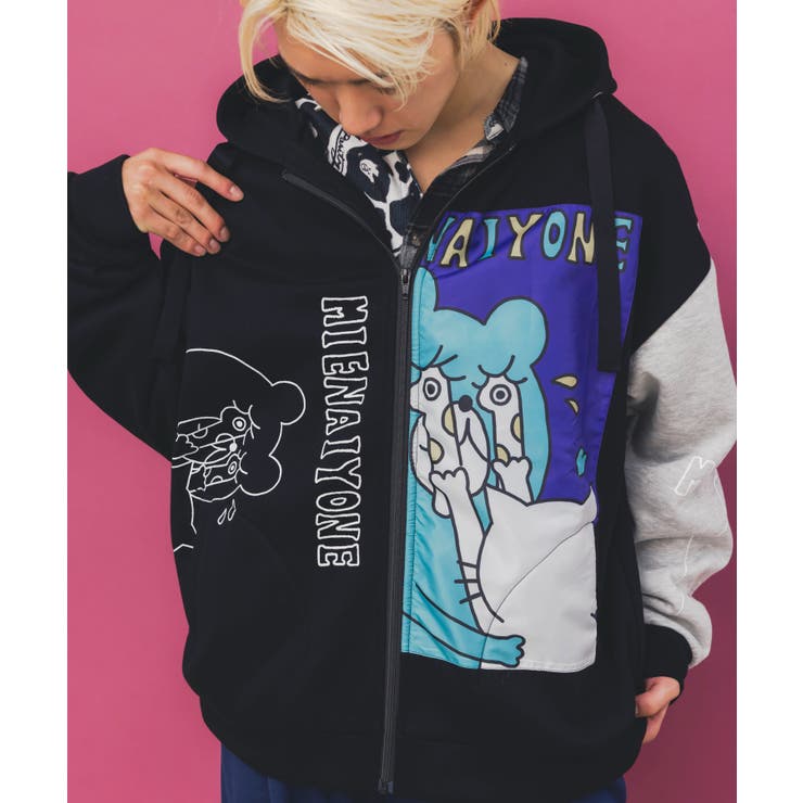 ブラック | ネコとクマとチンアナゴ柄 リメイク風裏起毛パーカー | ScoLar