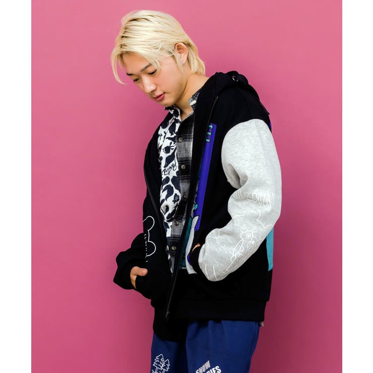 ネコとクマとチンアナゴ柄 リメイク風裏起毛パーカー | ScoLar | 詳細画像3 