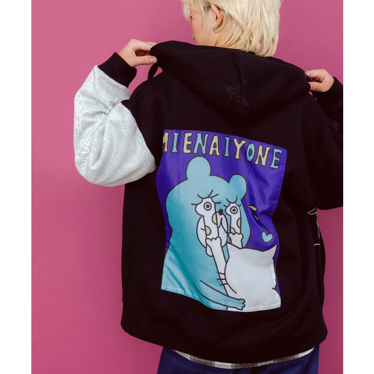 ネコとクマとチンアナゴ柄 リメイク風裏起毛パーカー | ScoLar | 詳細画像4 