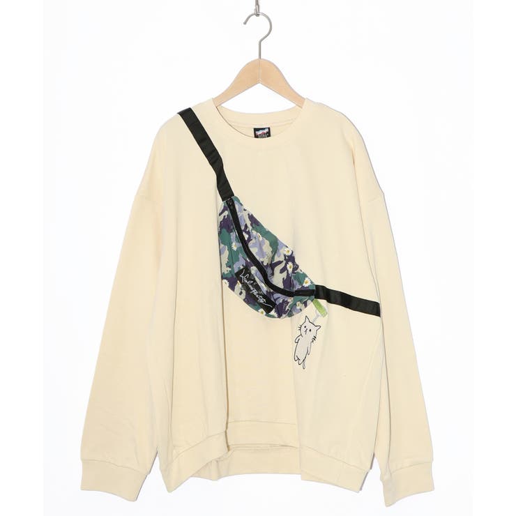 アイボリー | フェイクボディバッグ×ネコ刺繍付き裏毛プルオーバー | ScoLar