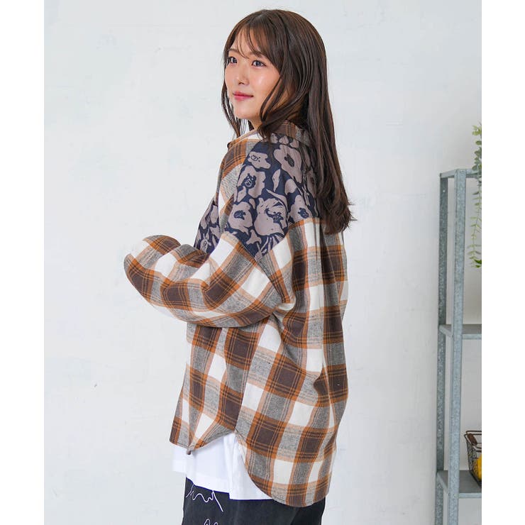 クマ花柄コーデュロイ×チェック異素材切替シャツ | ScoLar | 詳細画像9 