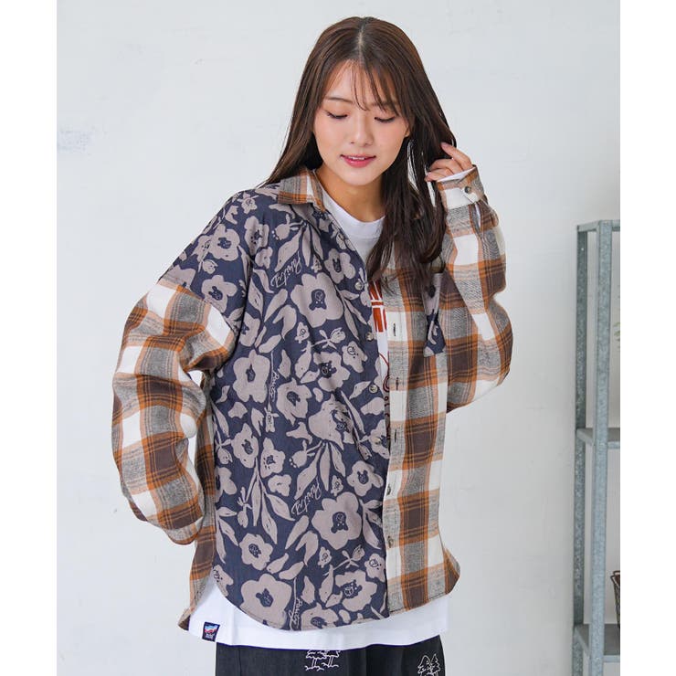 クマ花柄コーデュロイ×チェック異素材切替シャツ | ScoLar | 詳細画像11 