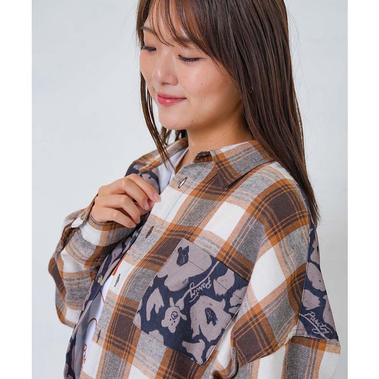 クマ花柄コーデュロイ×チェック異素材切替シャツ | ScoLar | 詳細画像15 