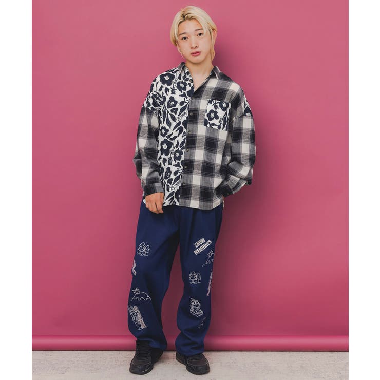 クマ花柄コーデュロイ×チェック異素材切替シャツ | ScoLar | 詳細画像2 