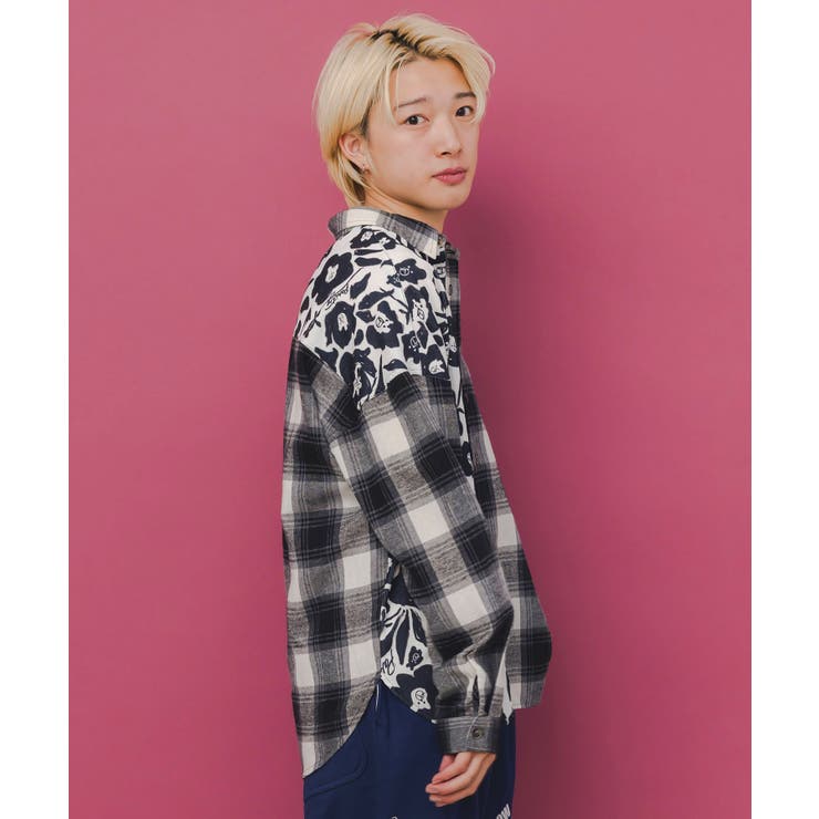クマ花柄コーデュロイ×チェック異素材切替シャツ | ScoLar | 詳細画像4 