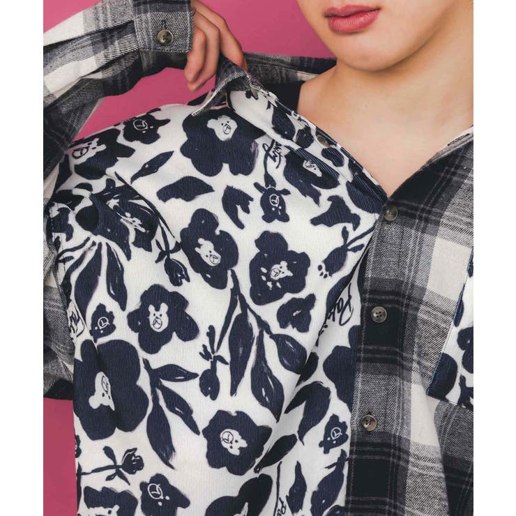 クマ花柄コーデュロイ×チェック異素材切替シャツ | ScoLar | 詳細画像6 