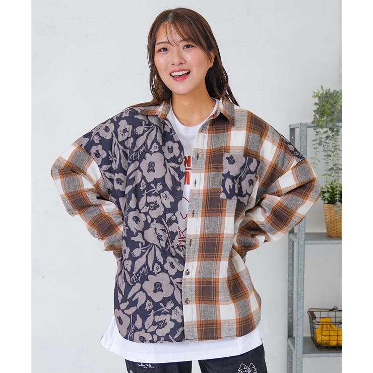 クマ花柄コーデュロイ×チェック異素材切替シャツ | ScoLar | 詳細画像7 