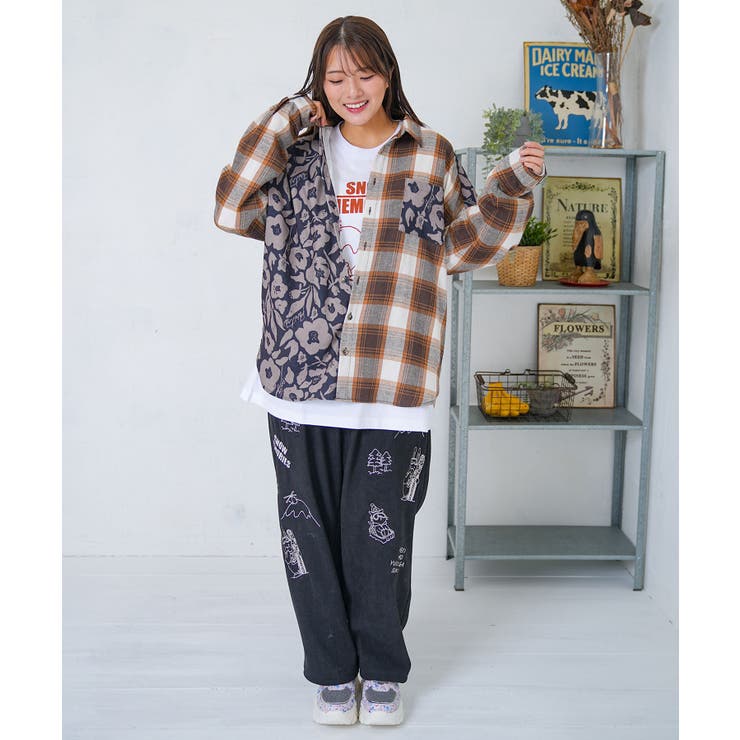 クマ花柄コーデュロイ×チェック異素材切替シャツ | ScoLar | 詳細画像8 