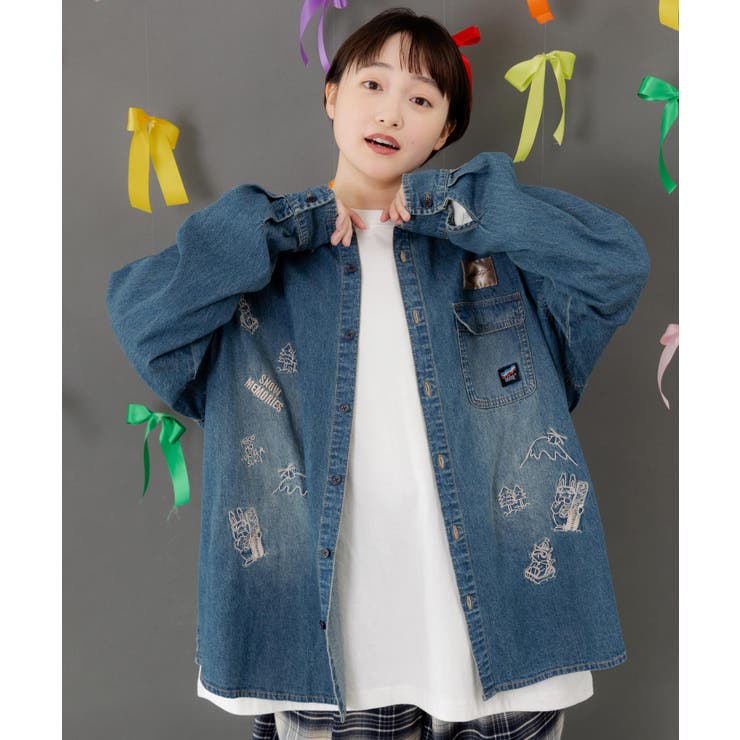 ブルー | ラビルとネコのスノーメモリー刺繍デニムシャツ | ScoLar