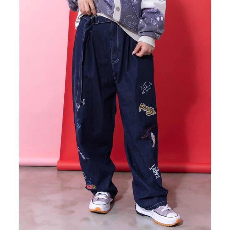 ブルー | らくがき風ワッペンベルト付きパンツ | ScoLar