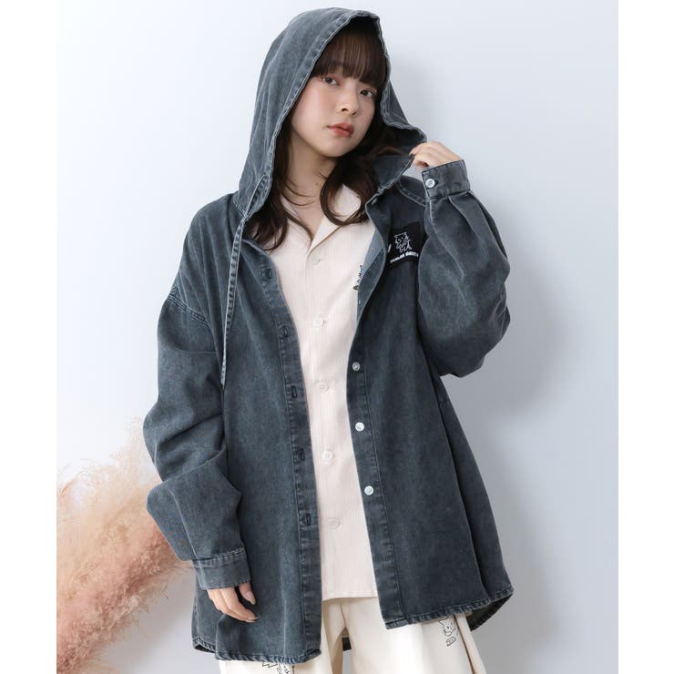 ブラック | 正月太りネコ柄デニムorチェックシャツパーカー | ScoLar