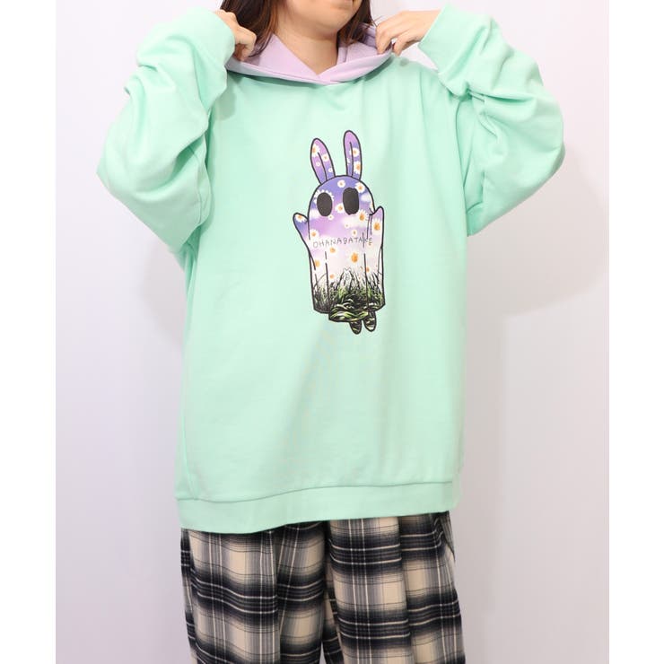 グリーン | お花おばけウサギの配色裏毛パーカー | ScoLar