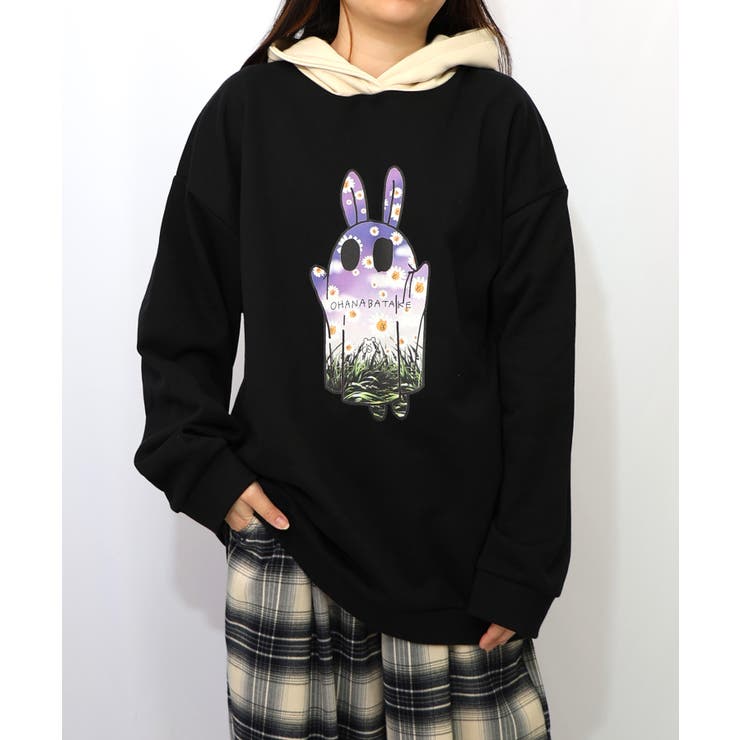 ブラック | お花おばけウサギの配色裏毛パーカー | ScoLar