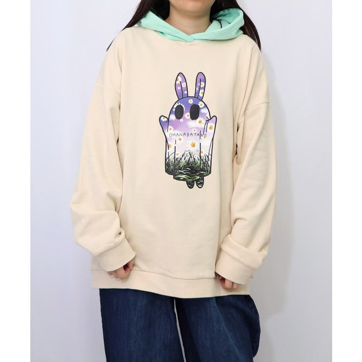 アイボリー | お花おばけウサギの配色裏毛パーカー | ScoLar