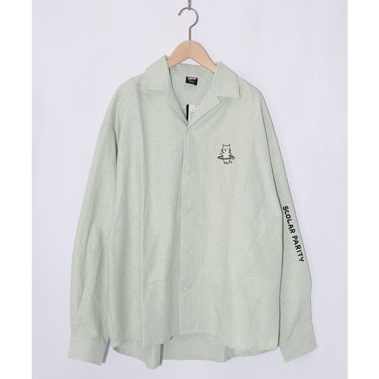 グリーン | ネコの洗脳×ストライプ柄シャツ | ScoLar