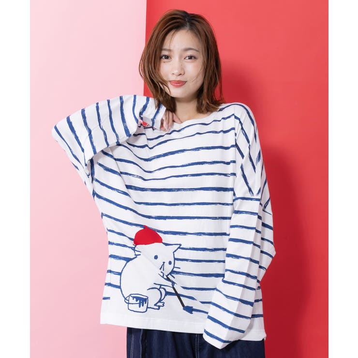 オフホワイト | 画家ネコボーダーTシャツ | ScoLar