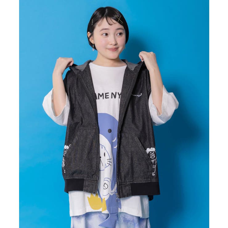 通勤Parity忍者柄フード付きデニムベスト | ScoLar | 詳細画像1 
