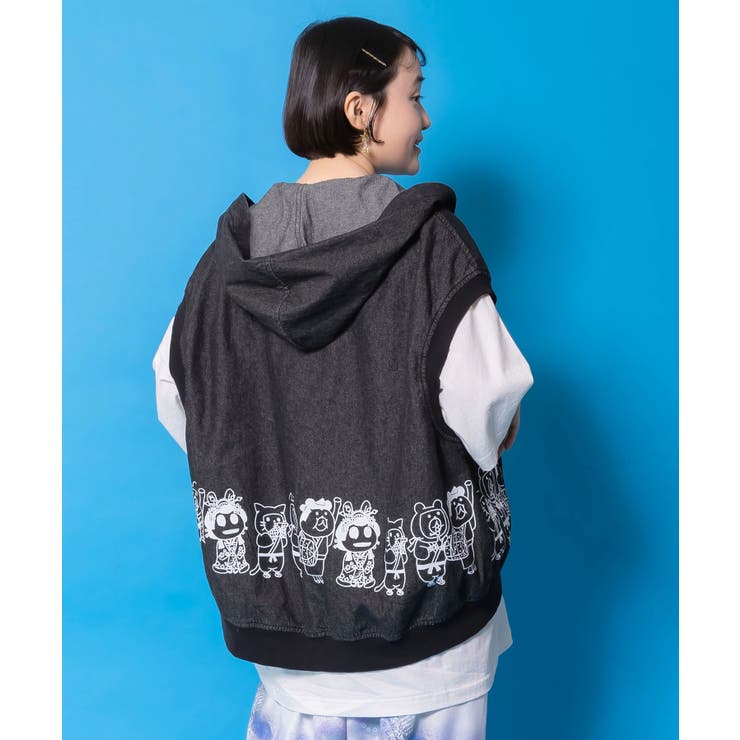 ブラック | 通勤Parity忍者柄フード付きデニムベスト | ScoLar
