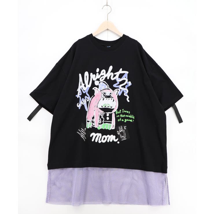 ブラック | 夜更かしガブ 裾メッシュ切替Tシャツ | ScoLar