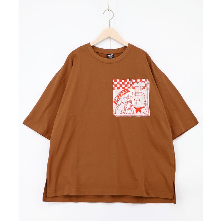 ブラウン | ポケットギミック付き ピザ屋ネコ＆クマ柄Tシャツ | ScoLar