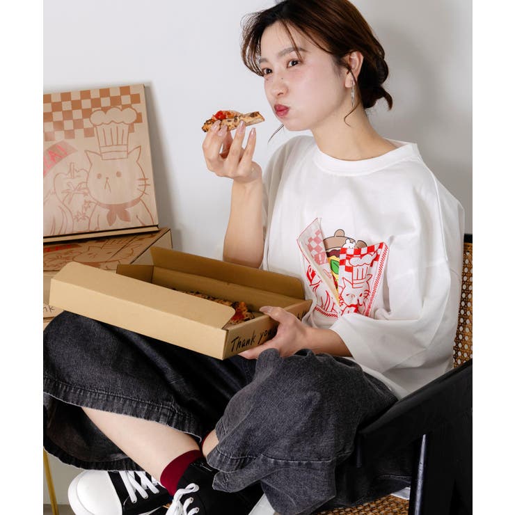 ポケットギミック付き ピザ屋ネコ＆クマ柄Tシャツ | ScoLar | 詳細画像1 