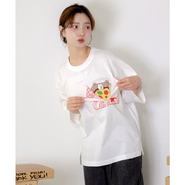 ポケットギミック付き ピザ屋ネコ＆クマ柄Tシャツ | ScoLar | 詳細画像6 