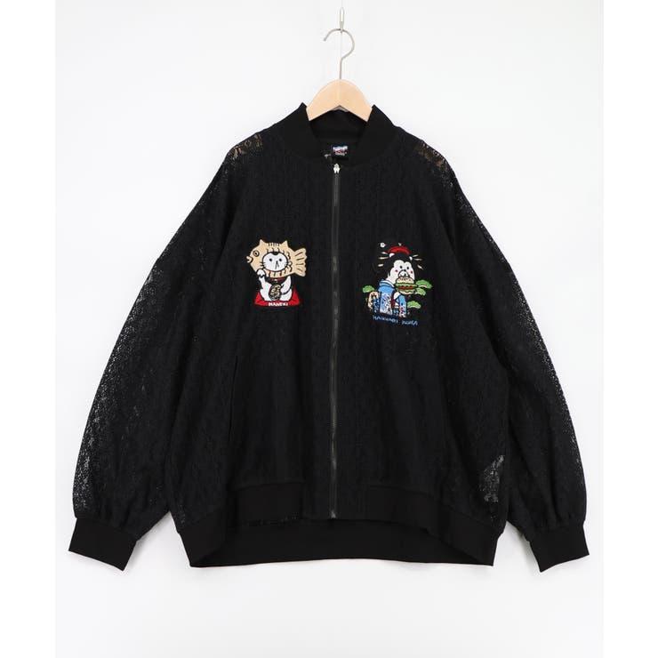 ブラック | 招きタイネコ×はんなりクマ 刺繍レースブルゾン | ScoLar