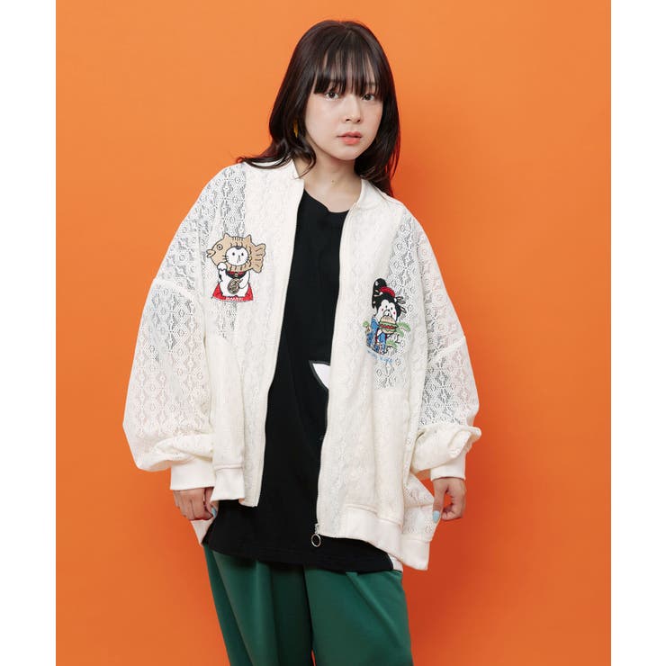 アイボリー | 招きタイネコ×はんなりクマ 刺繍レースブルゾン | ScoLar