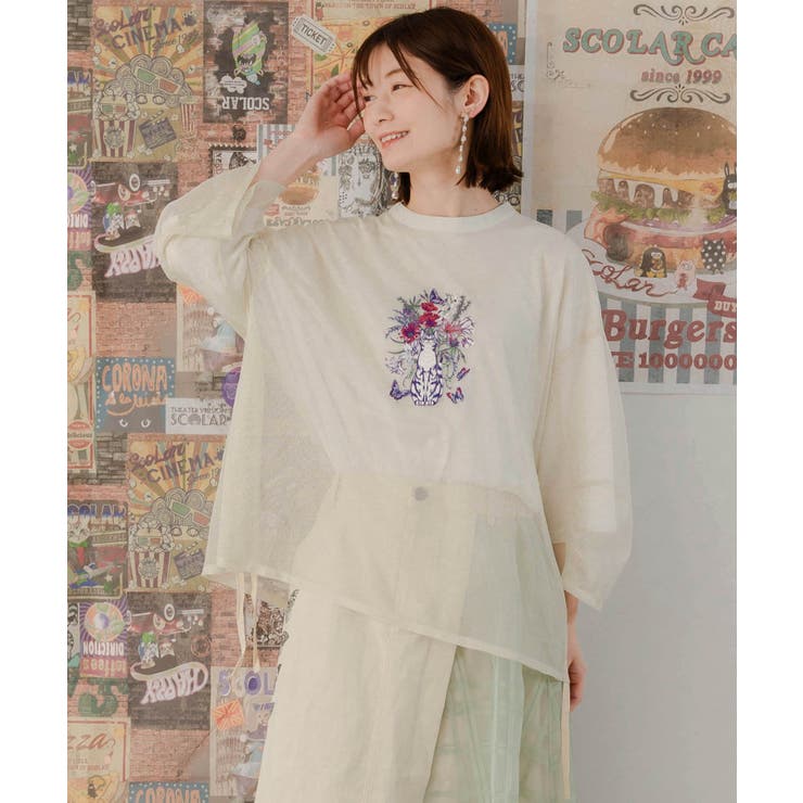 ScoLar - スカラーちゃんプルオーバー二点・ネコと花束カットソー・フィラポロシャツ計4点 スカラー ScoLar いろんなネコだらけ 総柄切替プルオーバー