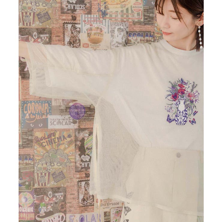 イズスカラー / ネコ花刺繍メッシュ重ねプルオーバー ネコ花刺繍メッシュ重ねプルオーバー[品番：SRSW0000086