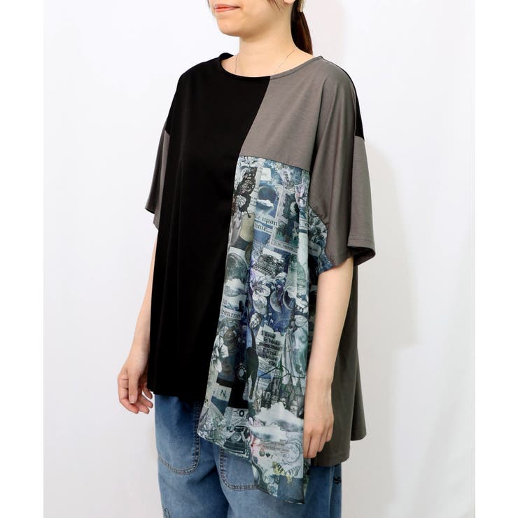 トップス is ScoLar イズ スカラー 552243 天体コラージュ柄切替プルオーバー シック フェミニン ガーリー 原宿系 個性的 ポイント 天体コラージュ柄切替プルオーバー[品番：SRSW0000122]｜ScoLar