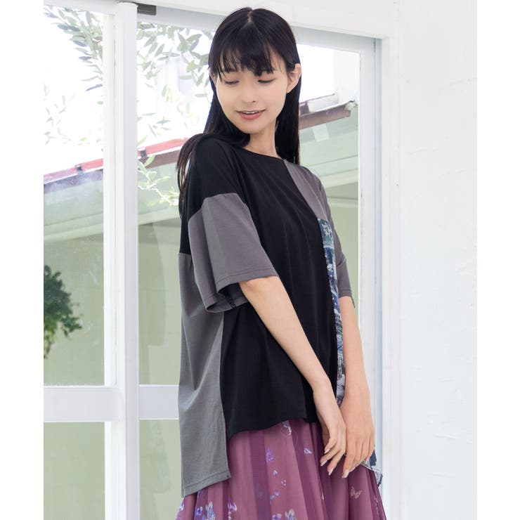 トップス is ScoLar イズ スカラー 552243 天体コラージュ柄切替プルオーバー シック フェミニン ガーリー 原宿系 個性的 ポイント 天体コラージュ柄切替プルオーバー[品番：SRSW0000122]｜ScoLar