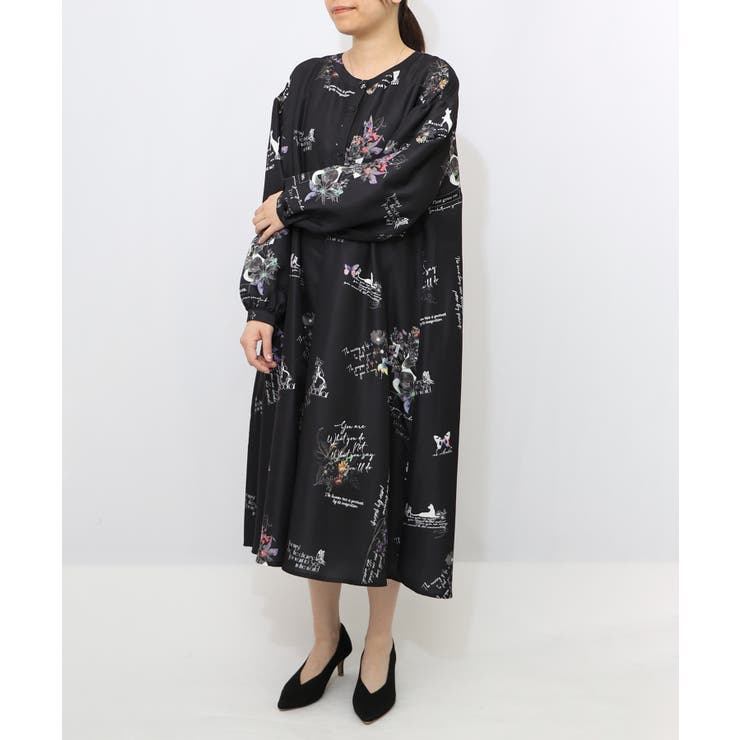 数字と花蝶柄 前開きワンピース[品番：SRSW0000204]｜ScoLar（スカラー