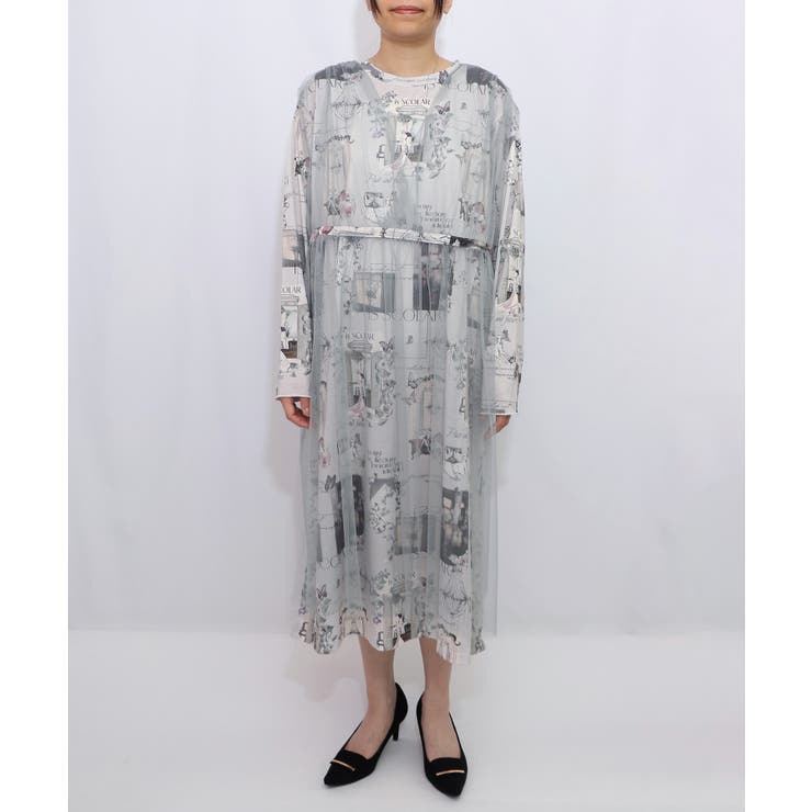 現在と過去イメージプリント チュール重ねワンピース | ScoLar | 詳細画像6 