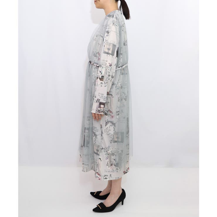 現在と過去イメージプリント チュール重ねワンピース | ScoLar | 詳細画像7 