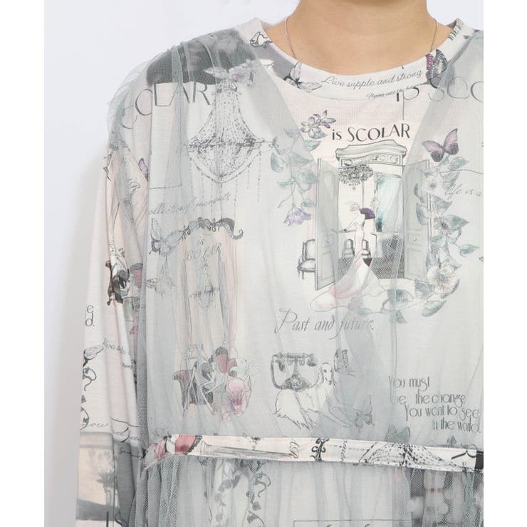 現在と過去イメージプリント チュール重ねワンピース | ScoLar | 詳細画像11 
