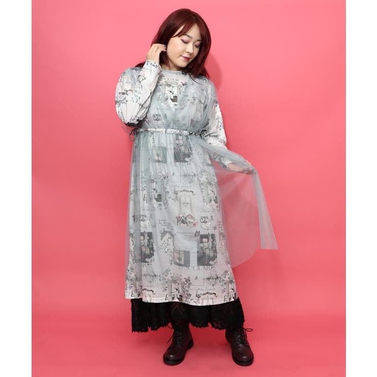 グレー | 現在と過去イメージプリント チュール重ねワンピース | ScoLar