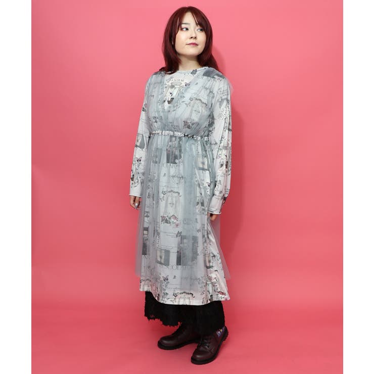 現在と過去イメージプリント チュール重ねワンピース | ScoLar | 詳細画像3 