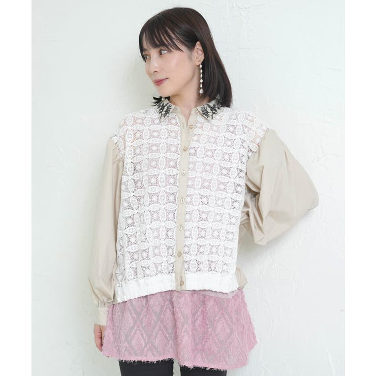 アイボリー | 蝶花刺繍 レース切替シャツ | ScoLar