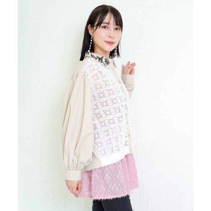 蝶花刺繍 レース切替シャツ | ScoLar | 詳細画像2 