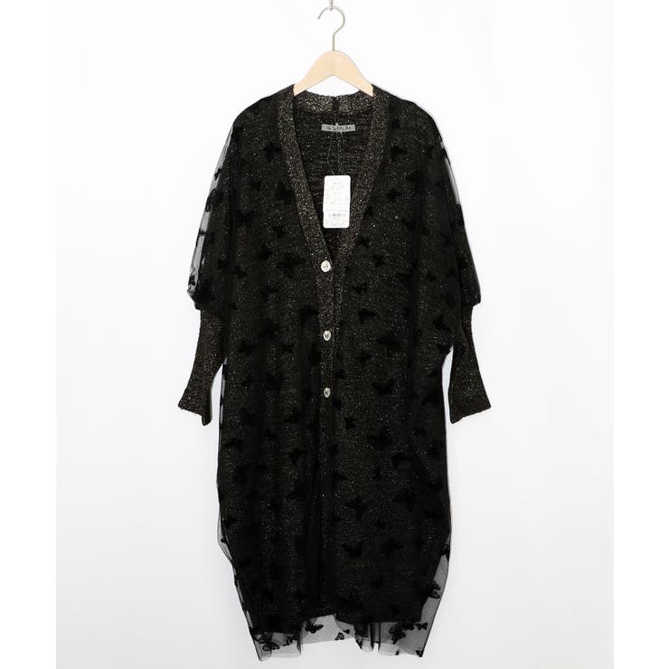 ブラック | 蝶々チュール×ラメ入りニットカーディガン | ScoLar