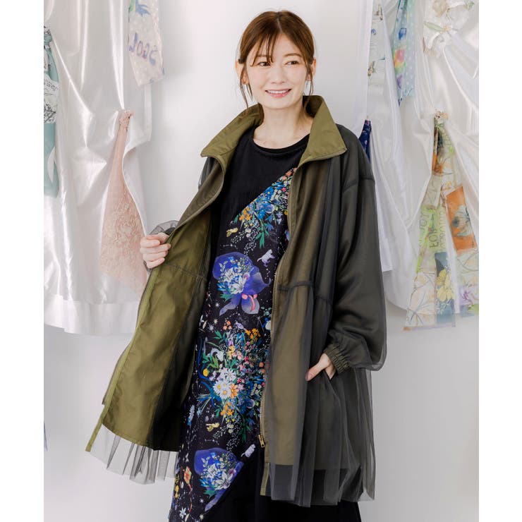 iS ScoLarスカラー蝶花刺繍チュール重ねブルゾン ロングMA-1 カーキ 花蝶刺繍チュール重ねロングブルゾン[品番：SRSW0000247]｜ScoLar