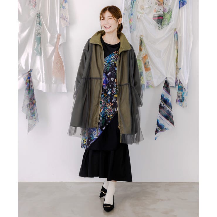 花蝶刺繍チュール重ねロングブルゾン[品番：SRSW0000247]｜ScoLar