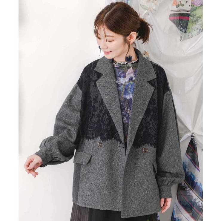 美品 kolor カラー レース切替 ジャケット 異素材デザイン ブルゾン 1 レースと蝶々の異素材切替ジャケット[品番：SRSW0000259]｜ScoLar