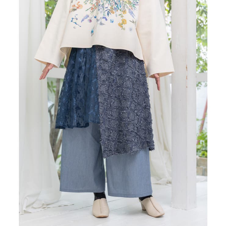 ネイビー | レース×チェック柄 異素材切替パンツ | ScoLar