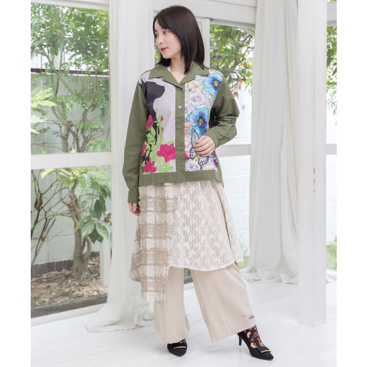 ベージュ | レース×チェック柄 異素材切替パンツ | ScoLar