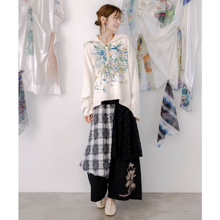 レース×チェック柄 異素材切替パンツ | ScoLar | 詳細画像1 