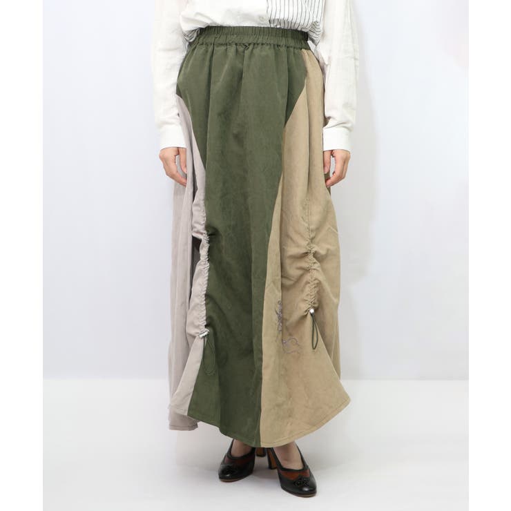 カーキ | 花刺繍バイカラー切替 ドロストスカート | ScoLar