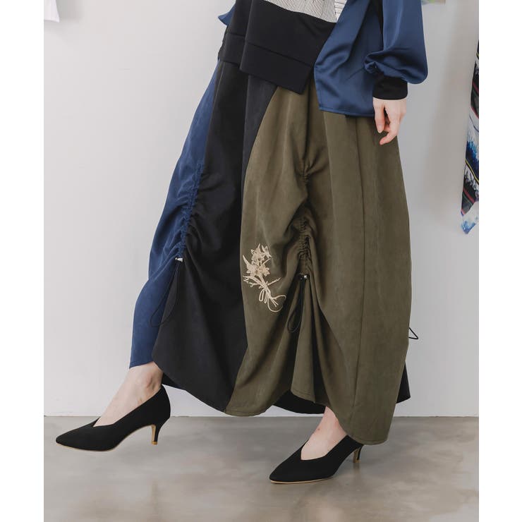 花刺繍バイカラー切替 ドロストスカート | ScoLar | 詳細画像2 